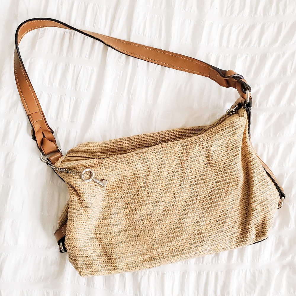 Fossil Raffia straw and leather shoulder bag purse